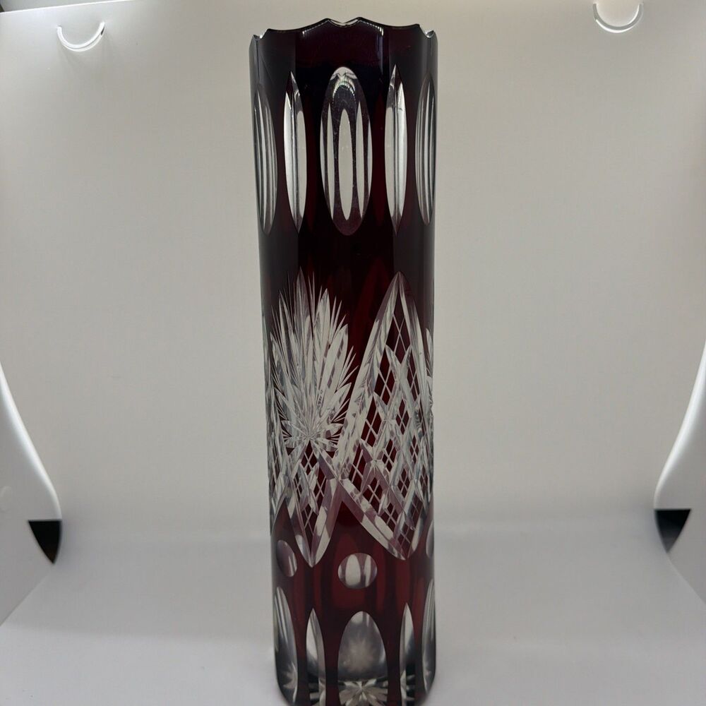Vintage Bohemian Cut to Clear Ruby Red Cylinder Vase  12 Inches